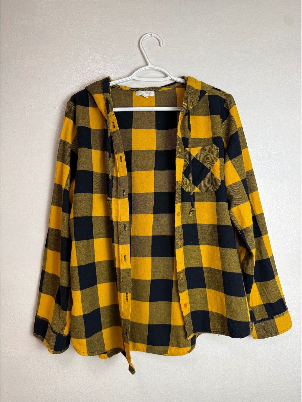 Ultra Flirt Yellow and Black Plaid Hooded Button-Up Shirt Jacket, Size L